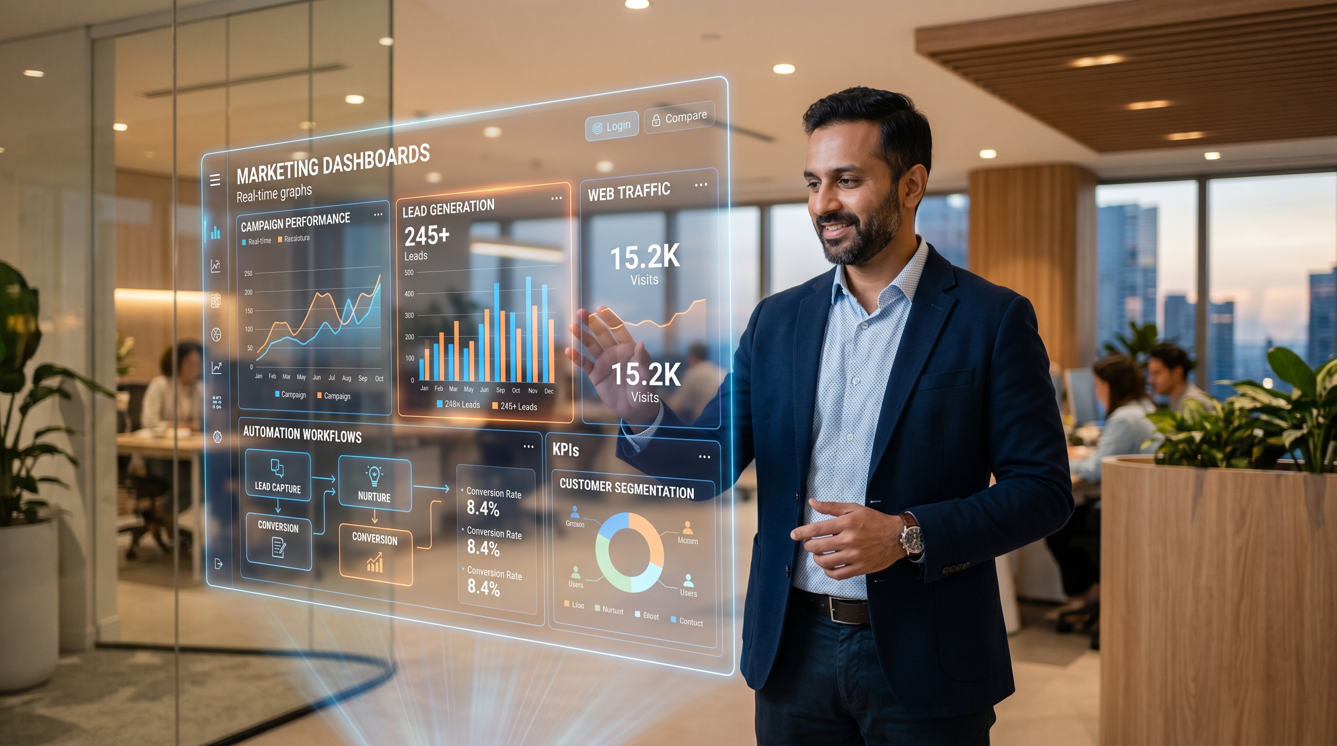 Business owner with AI marketing interface showing automation dashboards