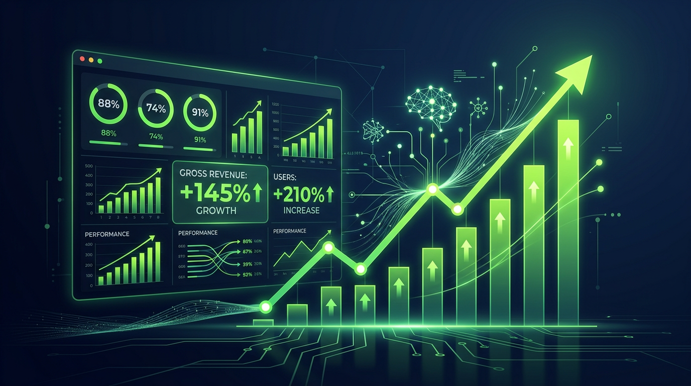 Autonomous AI marketing agent case study results dashboard showing growth metrics