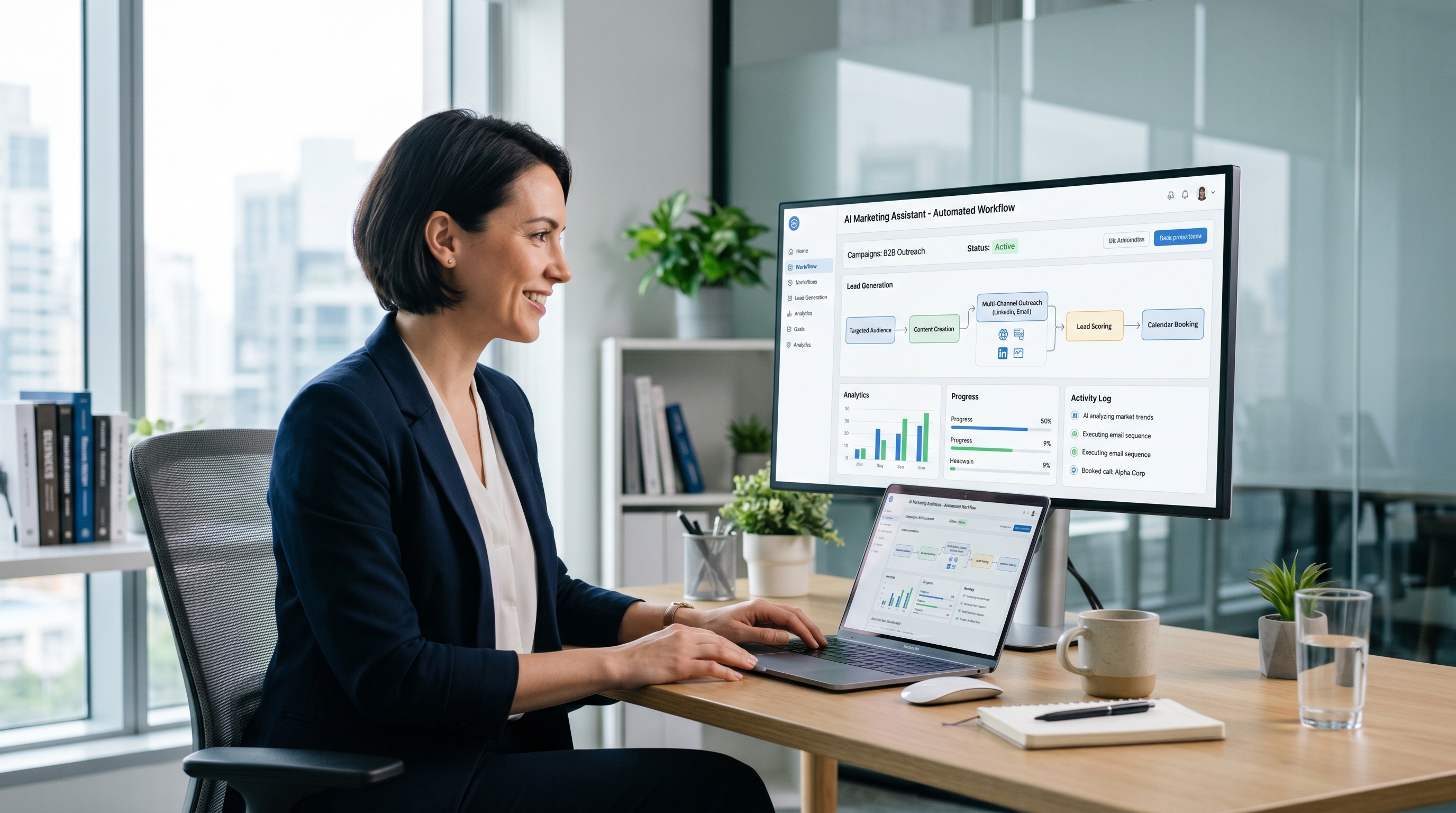 A B2B service founder working alongside an AI employee dashboard, representing autonomous AI agents handling marketing tasks