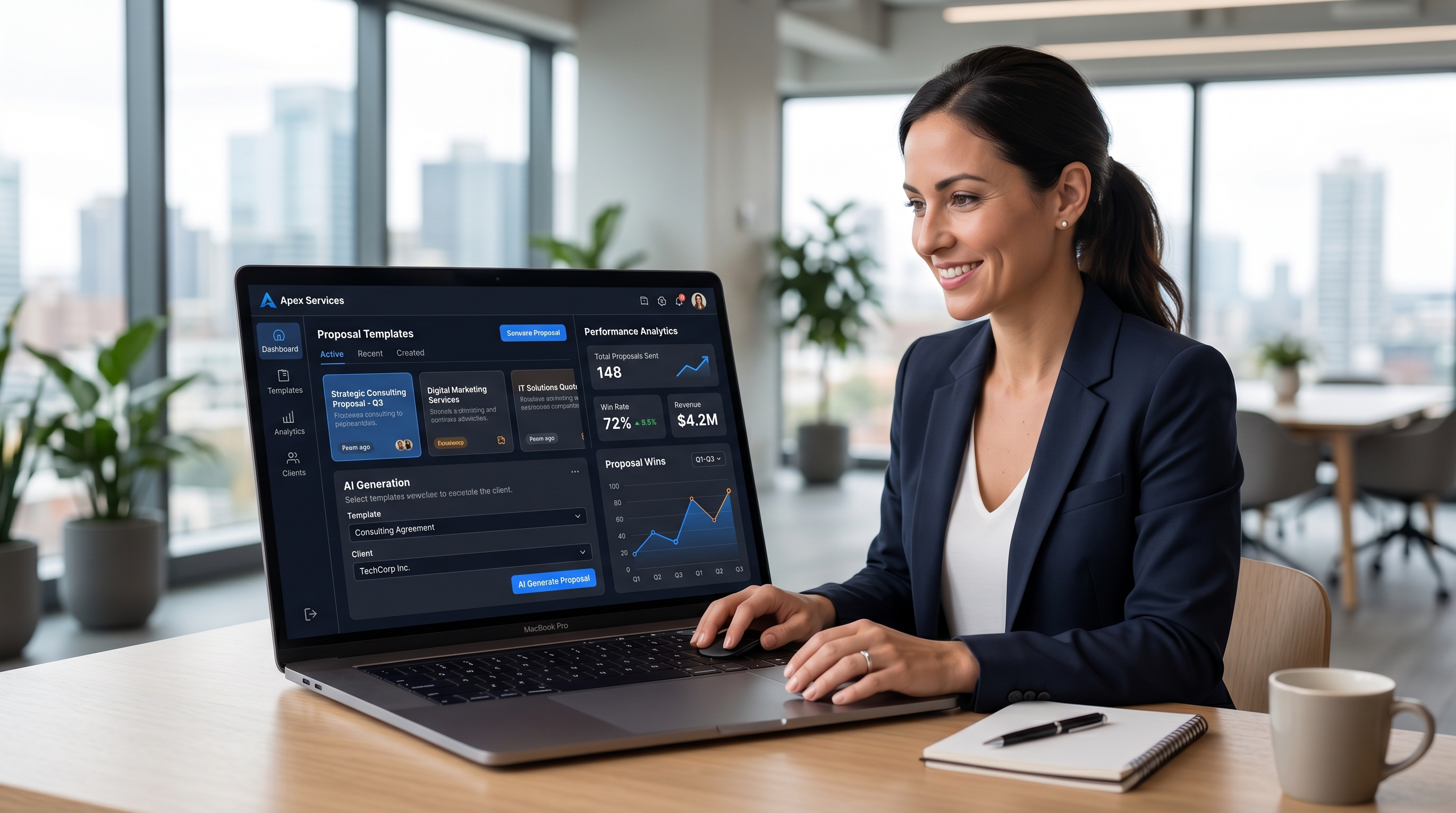 AI-powered proposal generation dashboard showing quote templates and analytics for B2B service businesses